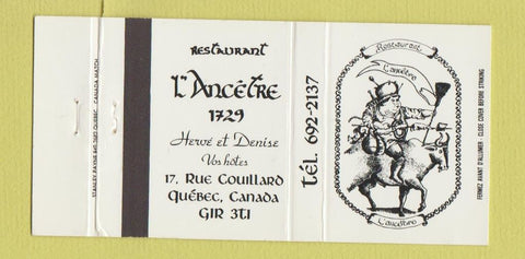 Matchbook Cover - Restaurant L Ancetre Quebec QC 30 Strike