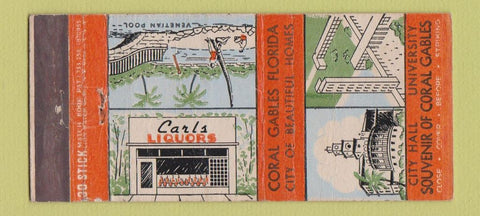 Matchbook Cover - Coral Gables FL Carl's Liquors WORN 30 Stick