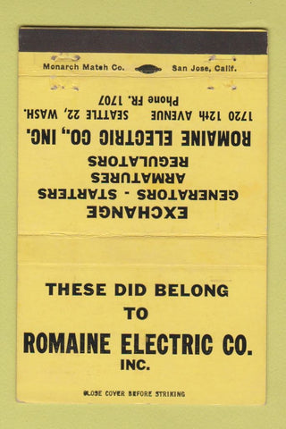 Matchbook Cover - Romaine Electric Seattle WA 40 Strike