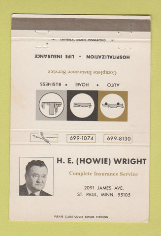 Matchbook Cover - HE Howie Wright Insurance ST Paul MN 40 Strike