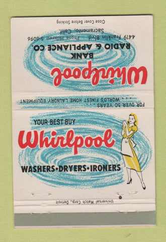 Matchbook Cover - Whirlpool Appliances girlie Bank Radio Sacramento CA 40 Strike