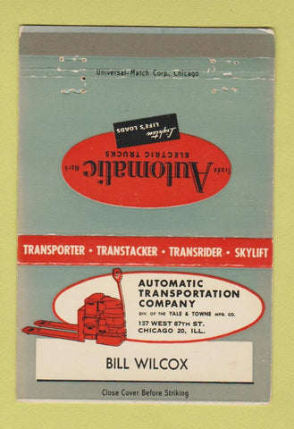 Matchbook Cover - Automatic Electric Trucks Chicago IL Bill Wilcox  40 Strike