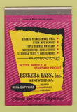 Matchbook Cover - Becker and Bass Mill Supply Kentwood LA WEAR 40 Strike