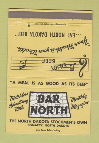 Matchbook Cover - Bar North Bismarck ND Beef  40 Strike