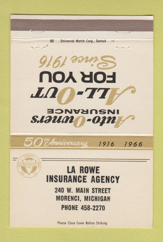 Matchbook Cover - La Rowe Insurance Morenci MI  40 Strike