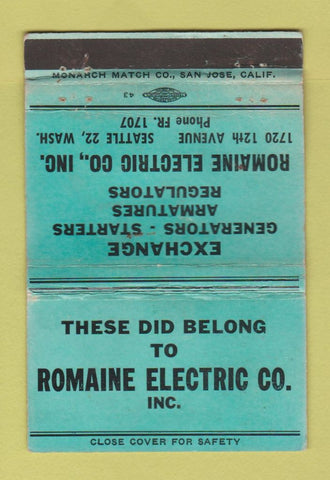 Matchbook Cover - Romaine Electric Seattle WA WORN 40 Strike