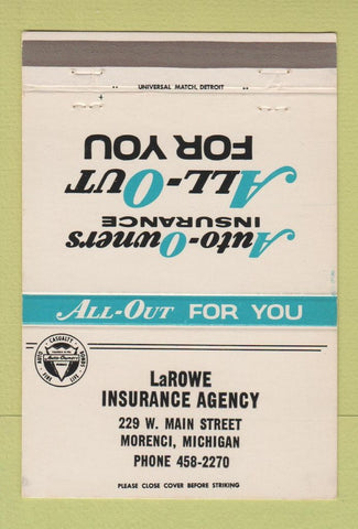 Matchbook Cover - LaRowe Insurance Morenci MI 40 Strike