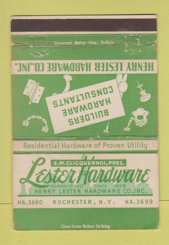 Matchbook Cover - Lester Hardware Rochester NY WEAR 40 Strike