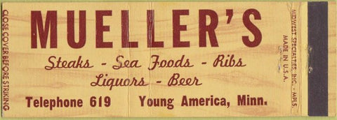 Matchbook Cover - Mueller's Steaks Young America MN