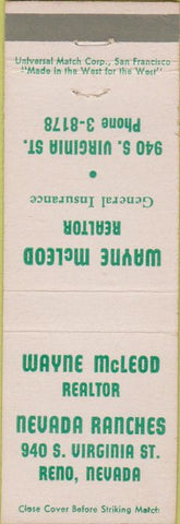 Matchbook Cover - Wayne McLeod Realtor Insurance Reno NV