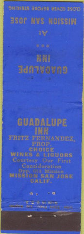 Matchbook Cover - Guadalupe Inn Mission San Jose CA