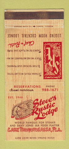 Matchbook Cover - Steven's Rustic Lodge Lake Thonotosassa FL WEAR 30 Strike