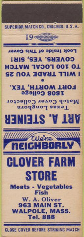 Matchbook Cover - Clover Farm Store Walpole MA