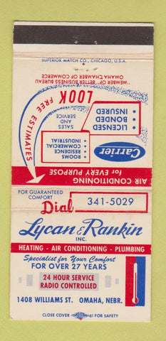 Matchbook Cover - Lycan Rankin Heating Plumbing Omaha NE WEAR 30 Strike