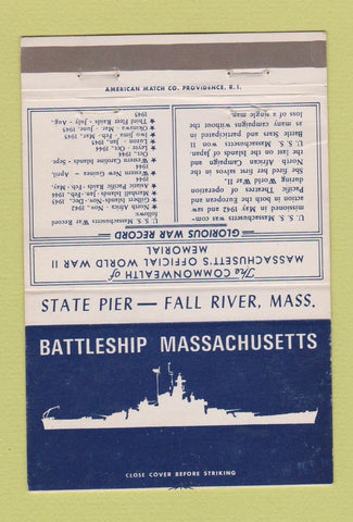 Matchbook Cover - Battleship Massachusetts Fall River MA military 40 Strike
