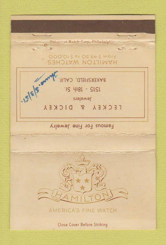 Matchbook Cover - Hamilton Watches Leckey Dickey Bakersfield CA WORN 40 Strike
