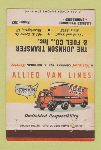 Matchbook Cover - Johnson Transfer Trucking Bloomington IL Allied Van 40 Strike