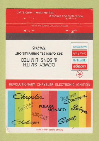 Matchbook Cover - Dodge Chrysler Dewey Smith Dunnville ON CREASE 40 Strike