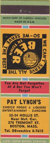 Matchbook Cover - Pat Lynch's Restaurant Boston MA yellow orange