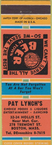 Matchbook Cover - Pat Lynch's Restaurant Boston MA orange blue