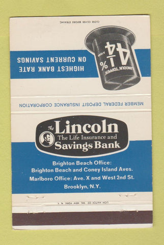 Matchbook Cover - Lincoln Savings Bank Brooklyn NY Top Hat 40 Strike