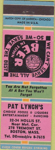 Matchbook Cover - Pat Lynch's Restaurant Boston MA pink green