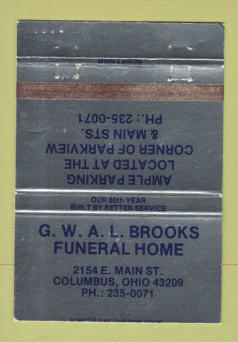 Matchbook Cover - GWAL Brooks Funeral Home Columbus OH WEAR 40 Strike
