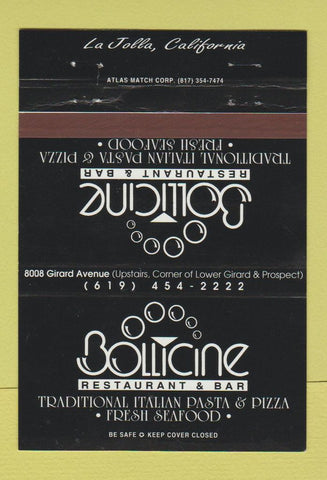 Matchbook Cover - Bollicine Restaurant Restaurant La Jolla CA #1 BLACK 40 Strike