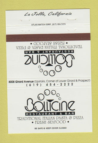 Matchbook Cover - Bollicine Restaurant Restaurant La Jolla CA #2 WHITE 40 Strike