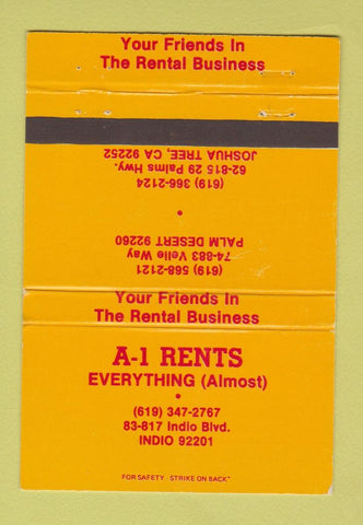 Matchbook Cover - A1 Rentals Indio CA WEAR 40 Strike