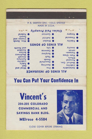 Matchbook Cover - Vincent's Insurance Bonds Colorado Springs? 40 Strike