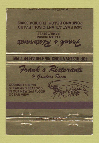 Matchbook Cover - Frank's Ristorante Italian Pompano Beach FL WEAR 40 Strike
