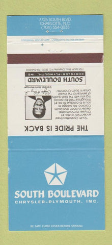 Matchbook Cover - South Boulevard Chrysler Plymouth Charlotte NC WEAR 30 Strike
