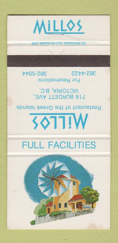Matchbook Cover - Millos Greek Restaurant Victoria BC 30 Strike
