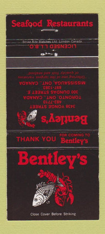 Matchbook Cover - Bentley's Toronto ON Seafood Restaurant 30 Strike
