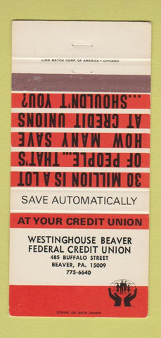Matchbook Cover - Westinghouse Beaver Federal Credit Union Beaver PA 30 Strike