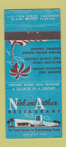 Matchbook Cover - Nick and Arthur Restaurant Miami Beach FL 30 Strike