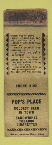 Matchbook Cover - Pop's Place POOR STRIKER SAMPLE