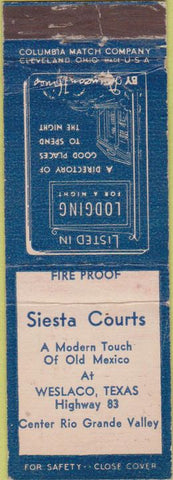 Matchbook Cover - Siesta Courts Weslaco TX Columbia Match WEAR
