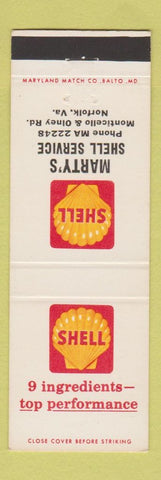 Matchbook Cover - Shell oil gas Marty's Norfolk VA