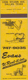 Matchbook Cover - Evans Equipment Rentals tractors Dallas TX fork lifts