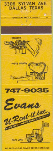 Matchbook Cover - Evans Equipment Rentals tractors Dallas TX fork lifts