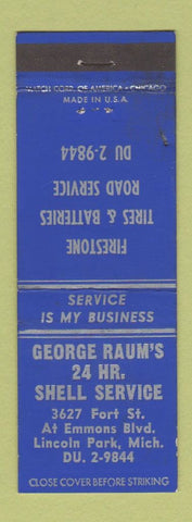 Matchbook Cover - Shell oil gas George Raum's Lincoln Park MI Firestone Tires
