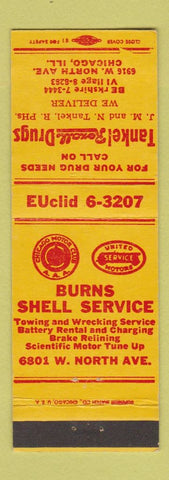 Matchbook Cover - Shell oil gas Burns Chicago IL Tankel Drugs