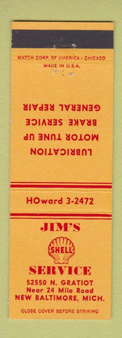 Matchbook Cover - Shell oil gas Jim's New Baltimore MI