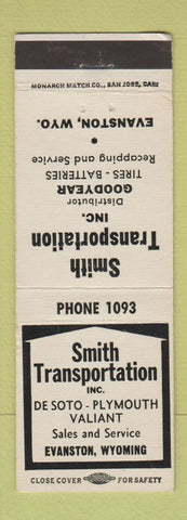 Matchbook Cover - Smith DeSoto Plymouth Valiant Evanston WY Goodyear Tires