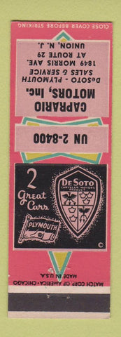 Matchbook Cover - Caprario Motors DeSoto Plymouth Union NJ