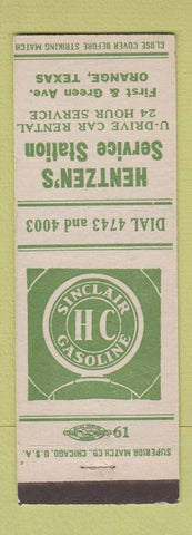 Matchbook Cover - Sinclair oil gas Hentzen's Orange TX low phone #