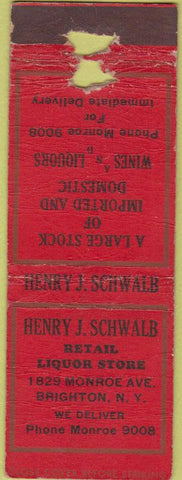 Matchbook Cover - Henry Schwalb Liquor Brighton NY WORN CREASES