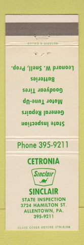 Matchbook Cover - Sinclair oil gas Cetronia Allentown PA Goodyear TIres